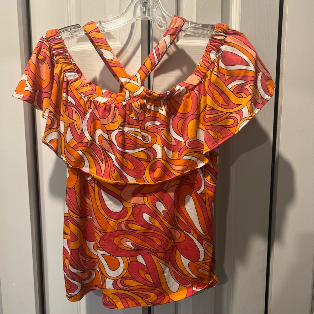 MICHAEL KORS Vibrant Swirl Off-Shoulder Top Orange Pink